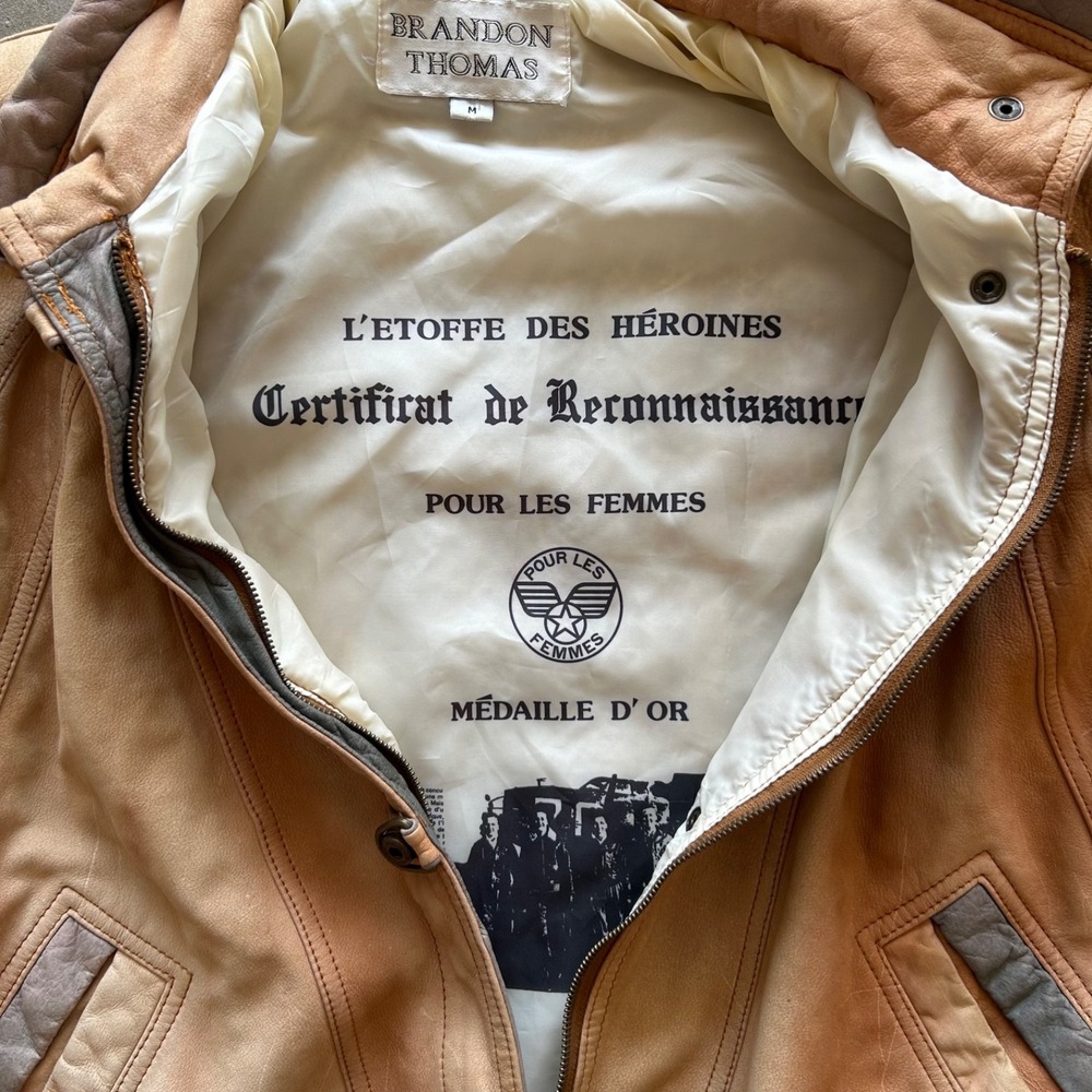 Vintage 80s Brandon Thomas Leather Flight Jacket Size Medium Tan 1989 Aviator - Picture 5 of 10